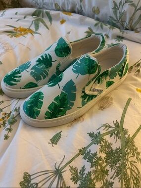 J. Crew Factory White Slip-On Sneakers with Green Leaf Print